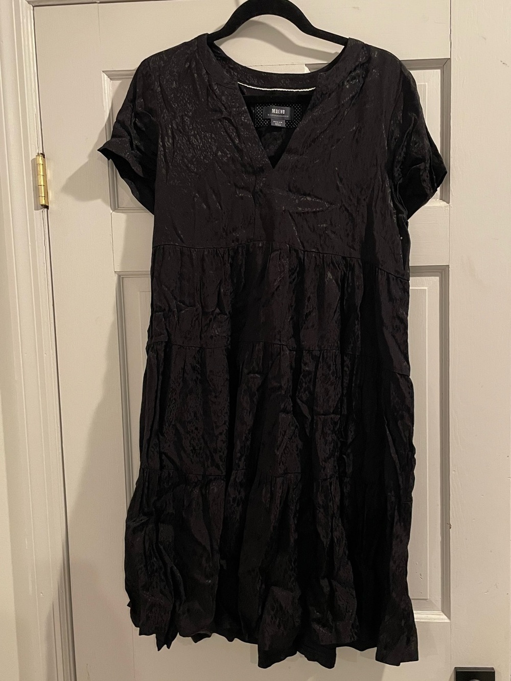 Anthropologie Maeve Black Tiered V-Neck Mini Dress in Animal Print